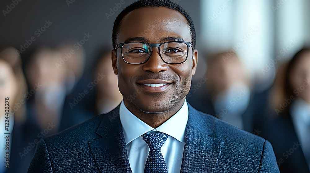 Confident businessman smiling in a corporate environment Confident businessman smiling in a corporate environment