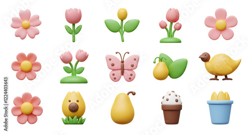 Cute Spring Flowers Butterfly and Chick 3D Render Icons isolated on white background. Generative AI