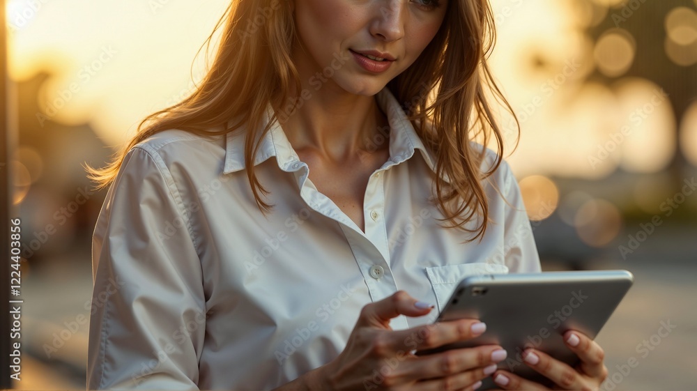 Fototapeta premium Girl looking at tablet while admiring sunset in urban area