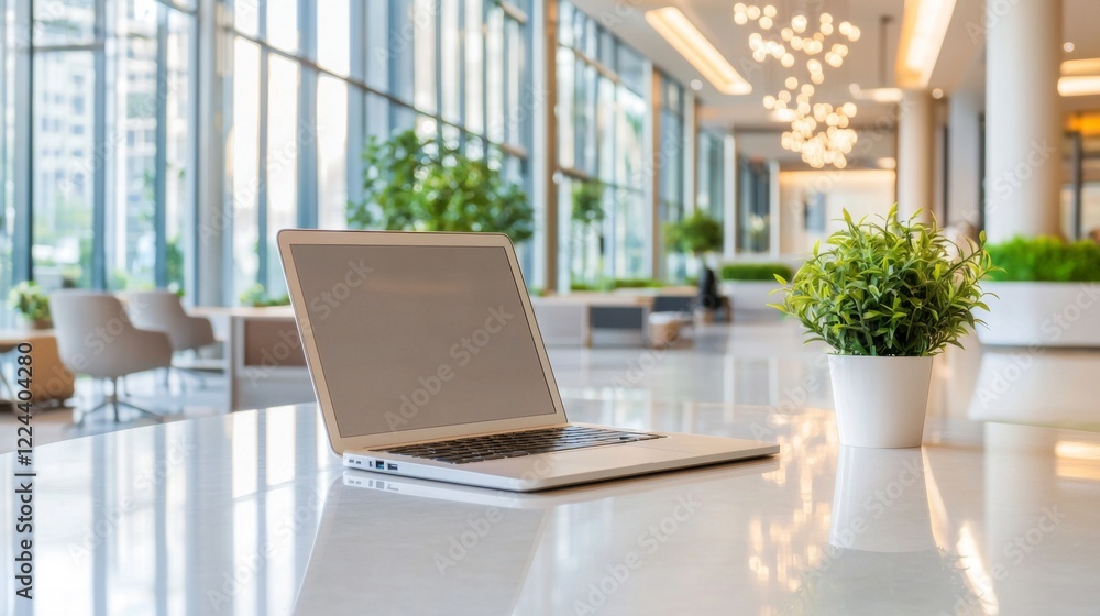 Modern office workspace with laptop indoor setting contemporary design bright environment focused viewpoint for productivity Modern office workspace with laptop indoor setting contemporary design bright environment focused viewpoint for productivity