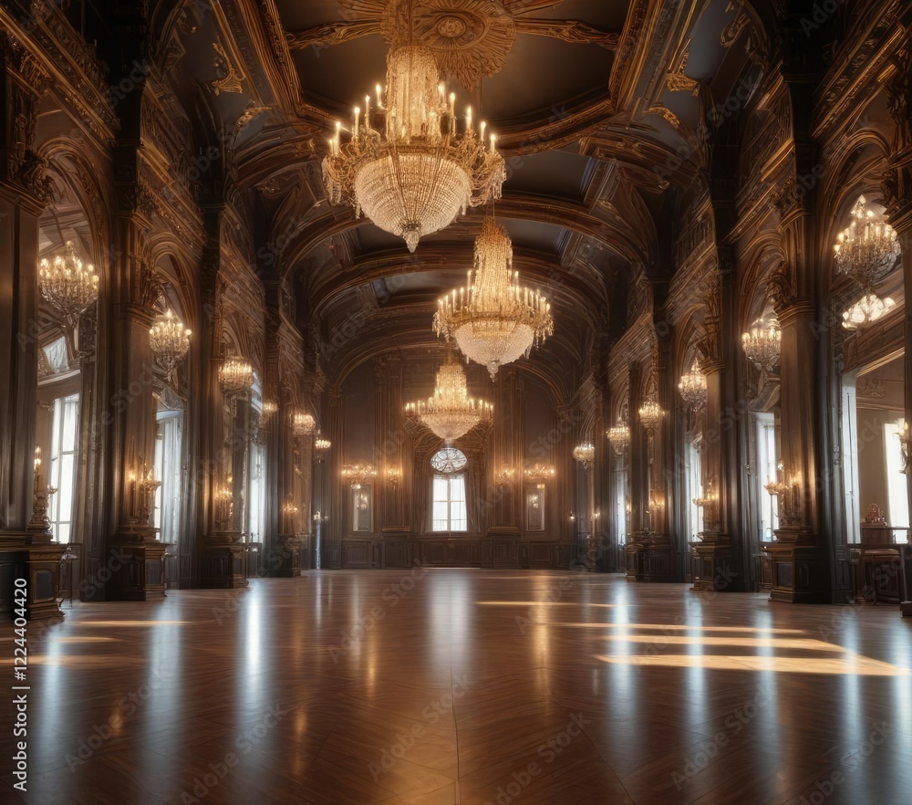 Obraz premium Grand hall with gleaming chandeliers and ornate details, stately, ornate, rich