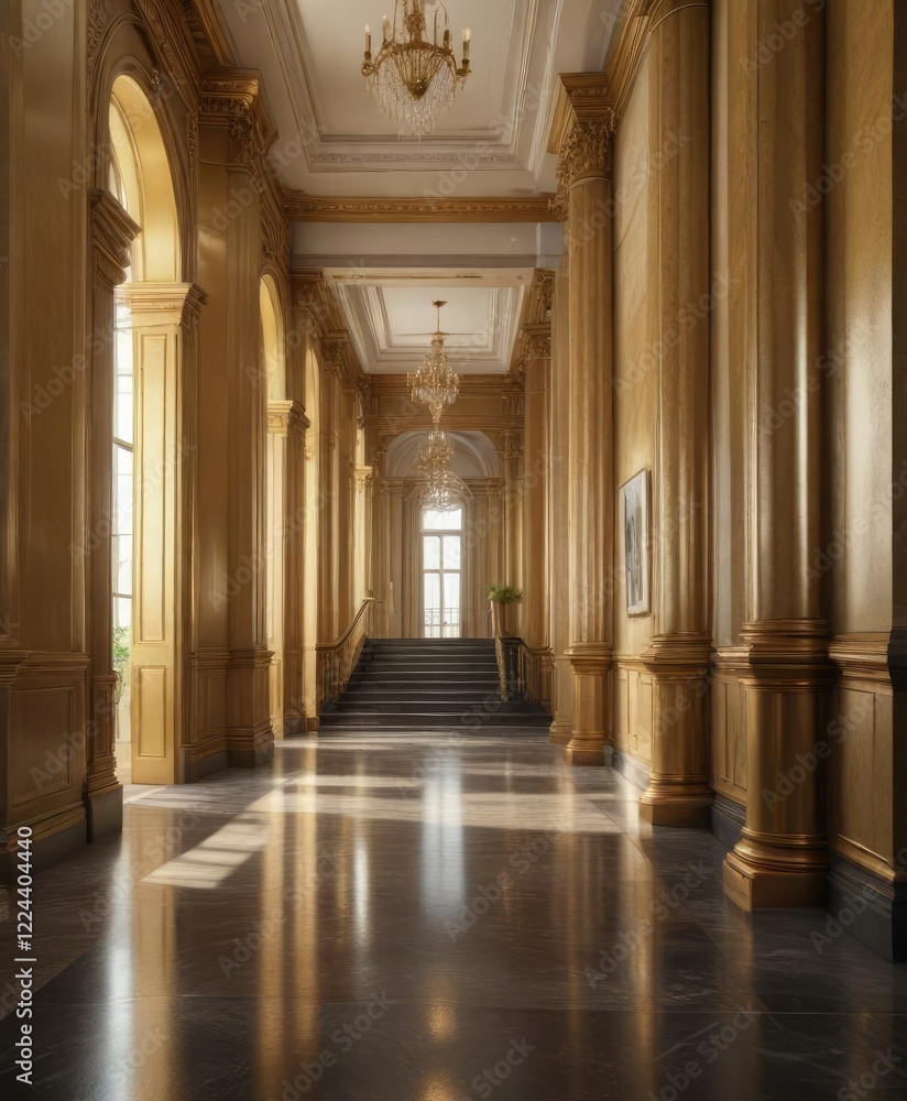 Grand hallway with tall, slender columns and a gleaming golden banister, elegant, luxurious Grand hallway with tall, slender columns and a gleaming golden banister, elegant, luxurious