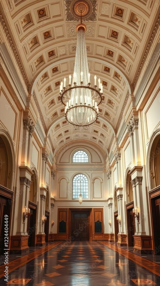 Grand hallway with high ceiling and large chandelier above, chandelier, grand Grand hallway with high ceiling and large chandelier above, chandelier, grand