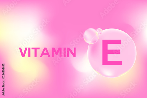 Vitamin E glowing 3D molecule element or bubble, pink, yellow watercolor texture background with copy space. Fluid light pink soft gel, supplement product banner, presentation, infographic design