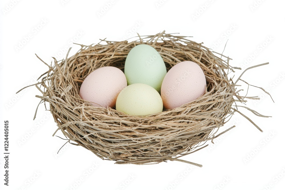Bird Nest with Eggs A small bird nest resting on a tree branch, containing pastel-colored eggs Bird Nest with Eggs A small bird nest resting on a tree branch, containing pastel-colored eggs