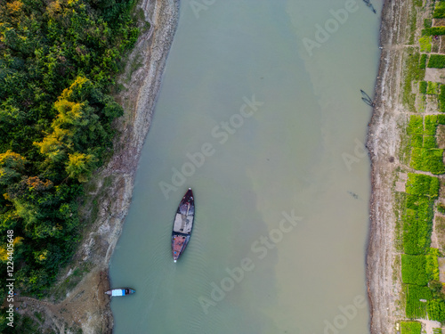 Aerial View of Boats Docked on a Riverbank in Gowainghat, Sylhet, Bangladesh photo