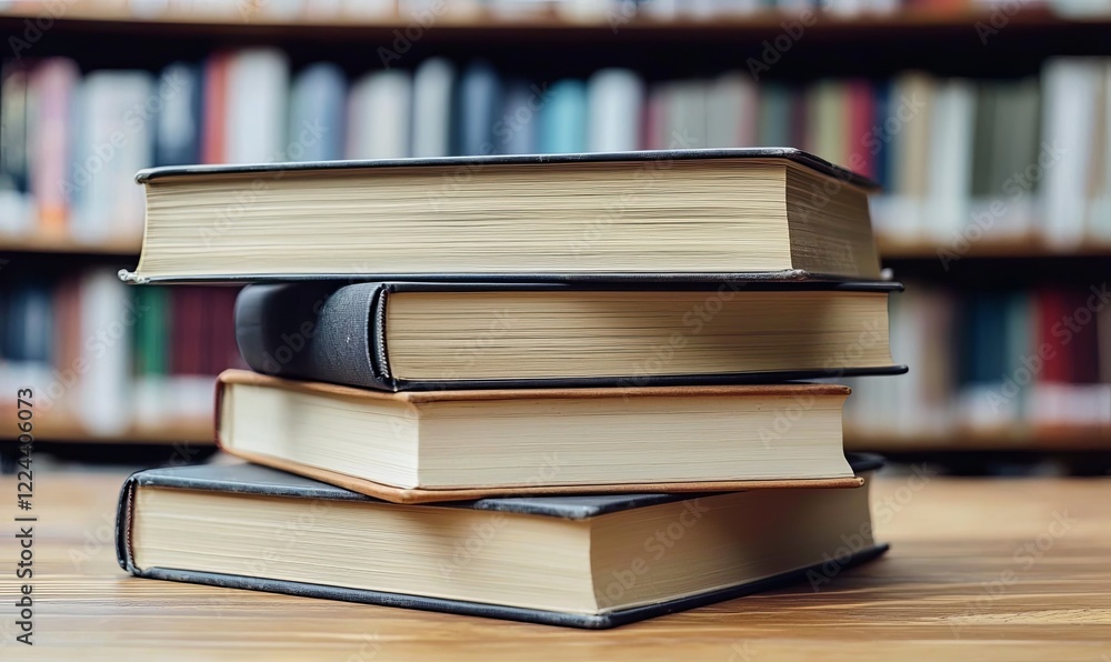 Stack of books on library table with bookshelf background, ideal for education or knowledge concepts Stack of books on library table with bookshelf background, ideal for education or knowledge concepts