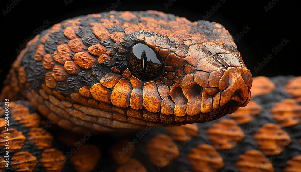 Close-up of an orange snake's head, dark background, wildlife photography, for nature documentaries Close-up of an orange snake's head, dark background, wildlife photography, for nature documentaries