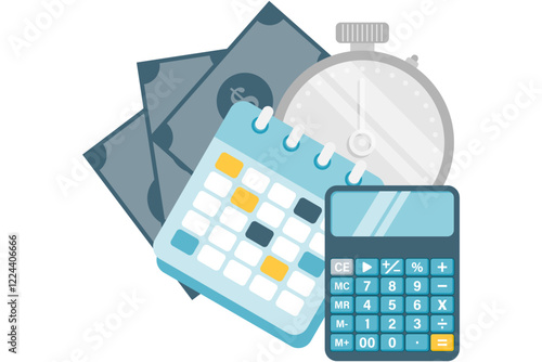 budget planning, calendar and calculator with money background and stopwatch as a symbol of financial planning