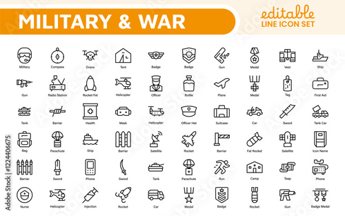Military and War Icon Set. A powerful collection of icons representing defense and combat themes, perfect for enhancing educational materials, military websites, and historical projects.