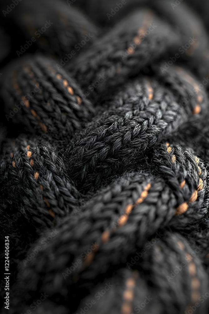 Close-up of woven black rope texture, detailed fibers, intricate pattern, industrial background, ideal for textile design Close-up of woven black rope texture, detailed fibers, intricate pattern, industrial background, ideal for textile design