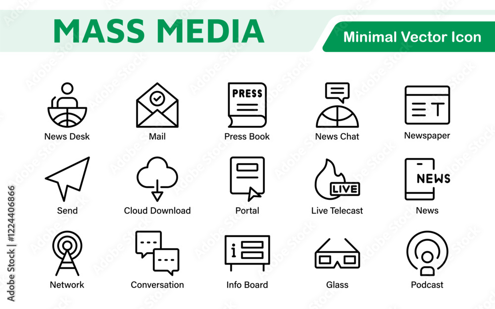 Mass media outline vector icons large set isolated on white background. media business concept. Media outline icons set. Mass media outline vector icons large set isolated on white background. media business concept. Media outline icons set.