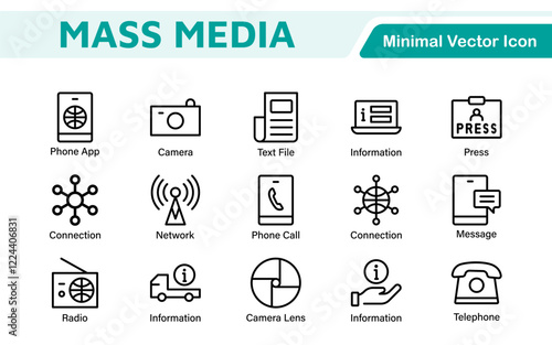 Mass media outline vector icons large set isolated on white background. media business concept. Media outline icons set.
