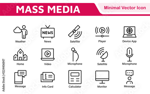 Mass media outline vector icons large set isolated on white background. media business concept. Media outline icons set.