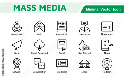 Mass media outline vector icons large set isolated on white background. media business concept. Media outline icons set.