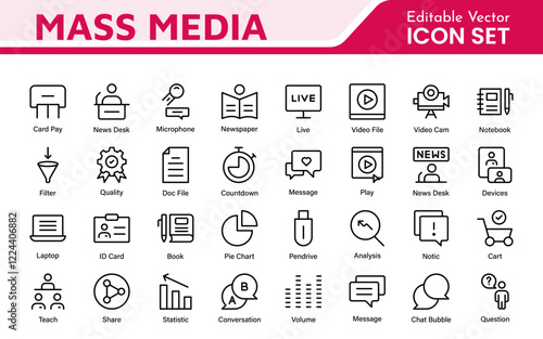 Mass media outline vector icons large set isolated on white background. media business concept. Media outline icons set.
