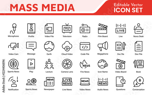Mass media outline vector icons large set isolated on white background. media business concept. Media outline icons set.