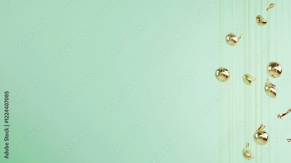 Fototapeta premium Golden orbs descend on a mint green background