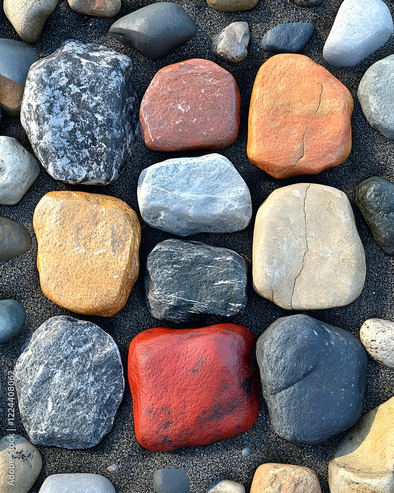 Colorful stones arranged in grid pattern on beach, background of dark sand, perfect for nature or design projects Colorful stones arranged in grid pattern on beach, background of dark sand, perfect for nature or design projects