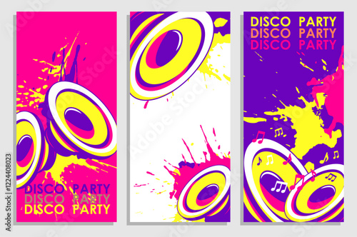 Set of vertical flyers with music speakers and notes droped with colored blots and dots of paint splatter. Templates for party invitation, banners, brochures print. Vector on white, blue background