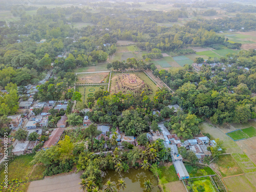 Aerial View of Mahasthangarh Historical Site Surrounded by Lush Village and Farmlands in Bogra, Rajshahi, Bangladesh photo