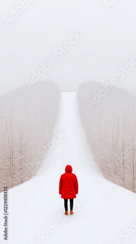 Scandinavian Winter Hiking Aesthetic Person in Red Parka on Snowy Path with Backpack - Adventure Lifestyle Imagery and Outdoor Apparel Marketing photo