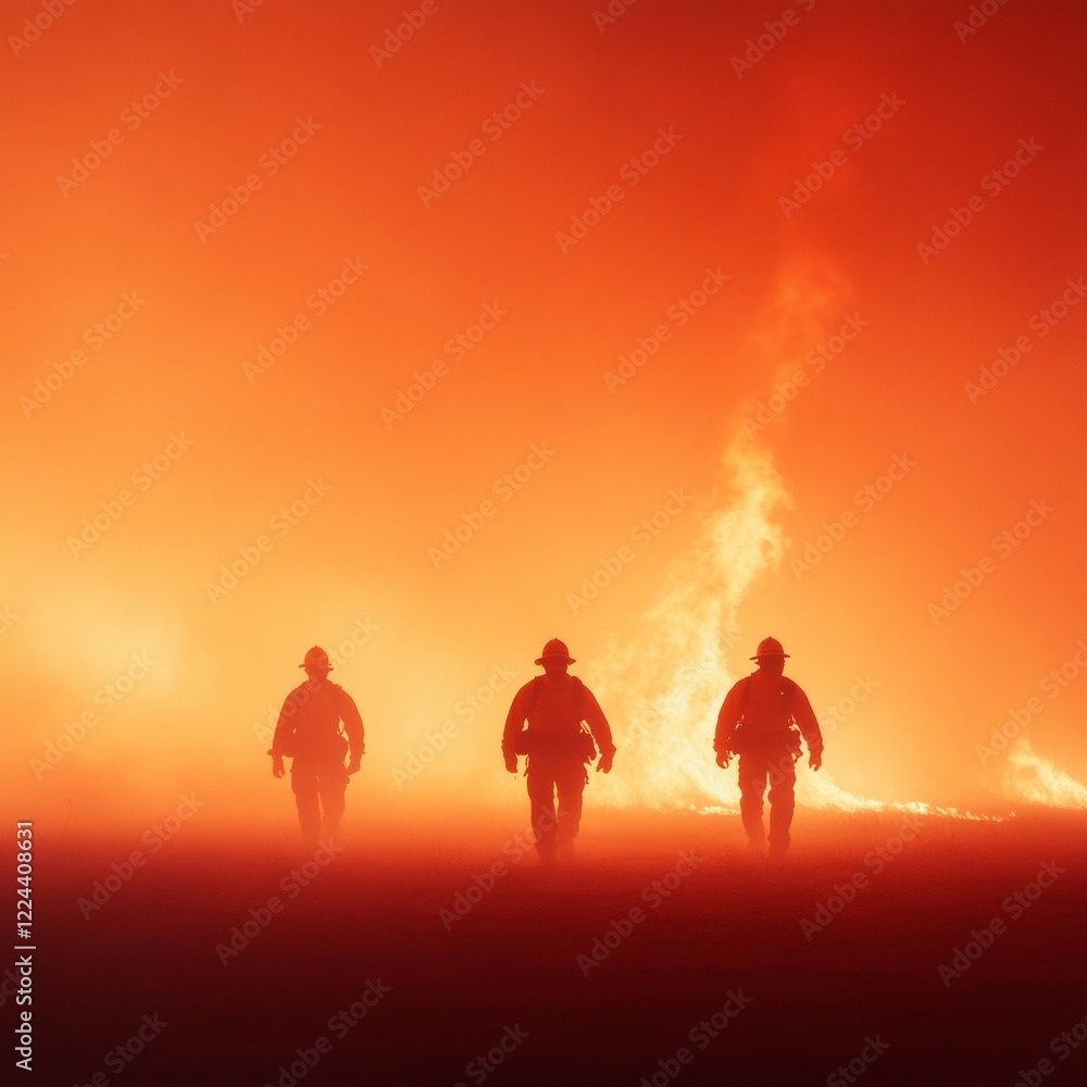Fototapeta premium Moody Heroic Imagery Firefighters Silhouetted in Inferno for Safety Campaigns - Resilient Emergency Services Marketing and Community Protection