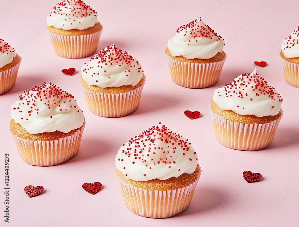 Tender cupcakes with red glitter hearts, isolated on a pastel pink background, a minimal concept studio design. Tender cupcakes with red glitter hearts, isolated on a pastel pink background, a minimal concept studio design.