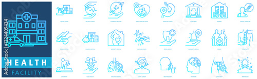 HEALTH FACILITY ICON SET with trauma center, palliative center, alternative medicine, family medicine center, genetic counseling and surgical center