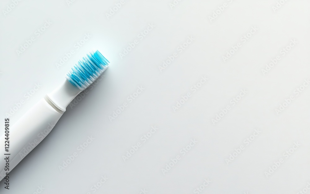 Close-up of a single, small, white toothbrush with blue bristles on a white background. Close-up of a single, small, white toothbrush with blue bristles on a white background.