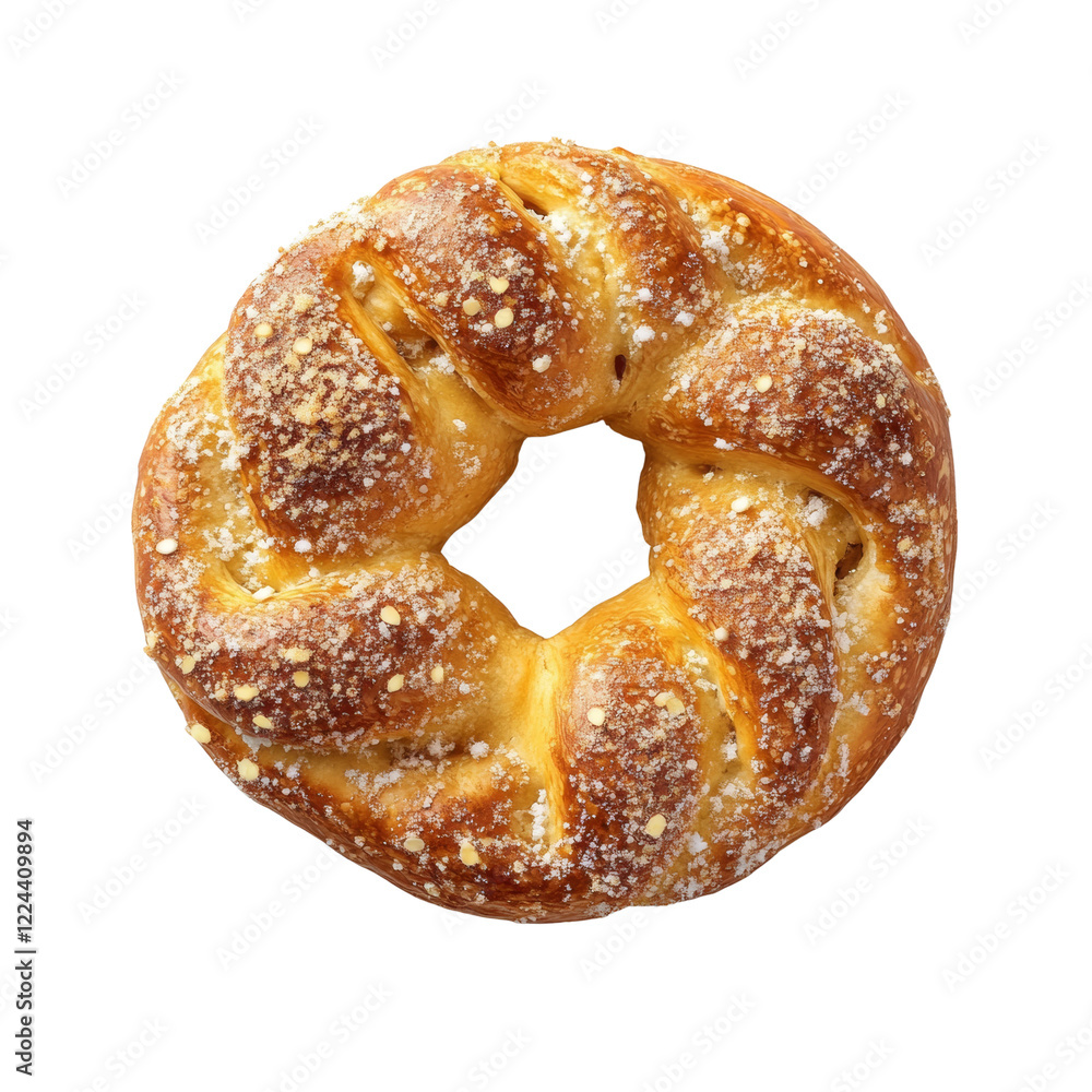 A ring-shaped sweet bread, baked golden brown and generously topped with sugar. A ring-shaped sweet bread, baked golden brown and generously topped with sugar.