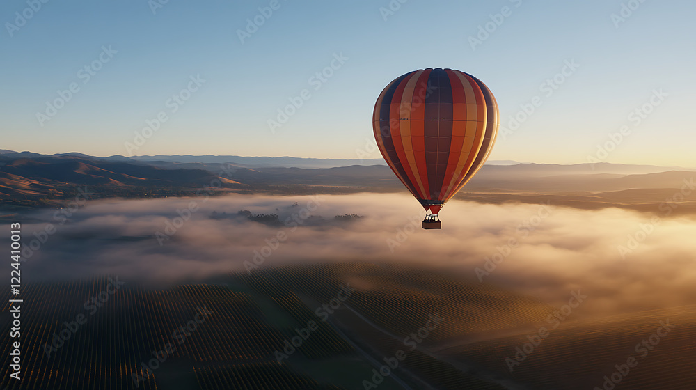 Obraz premium Hot air balloon soaring above clouds during sunrise with beautiful misty morning aerial view over foggy landscape