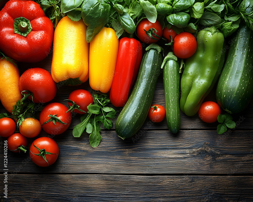 Fresh vegetables on rustic wood, healthy food, cooking ingredients, overhead shot, kitchen table Fresh vegetables on rustic wood, healthy food, cooking ingredients, overhead shot, kitchen table