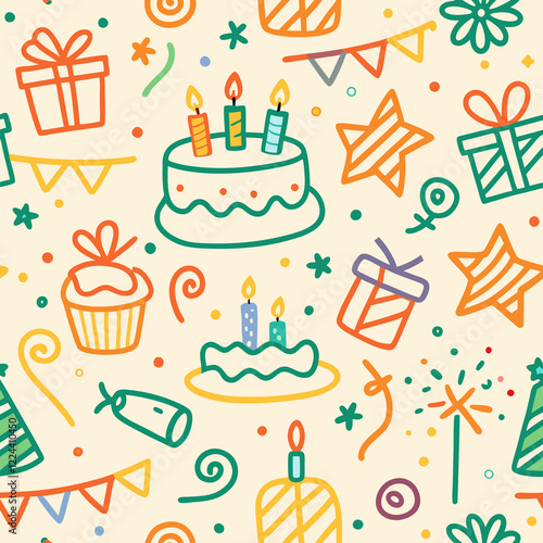 Colorful doodle birthday party seamless pattern. (4)