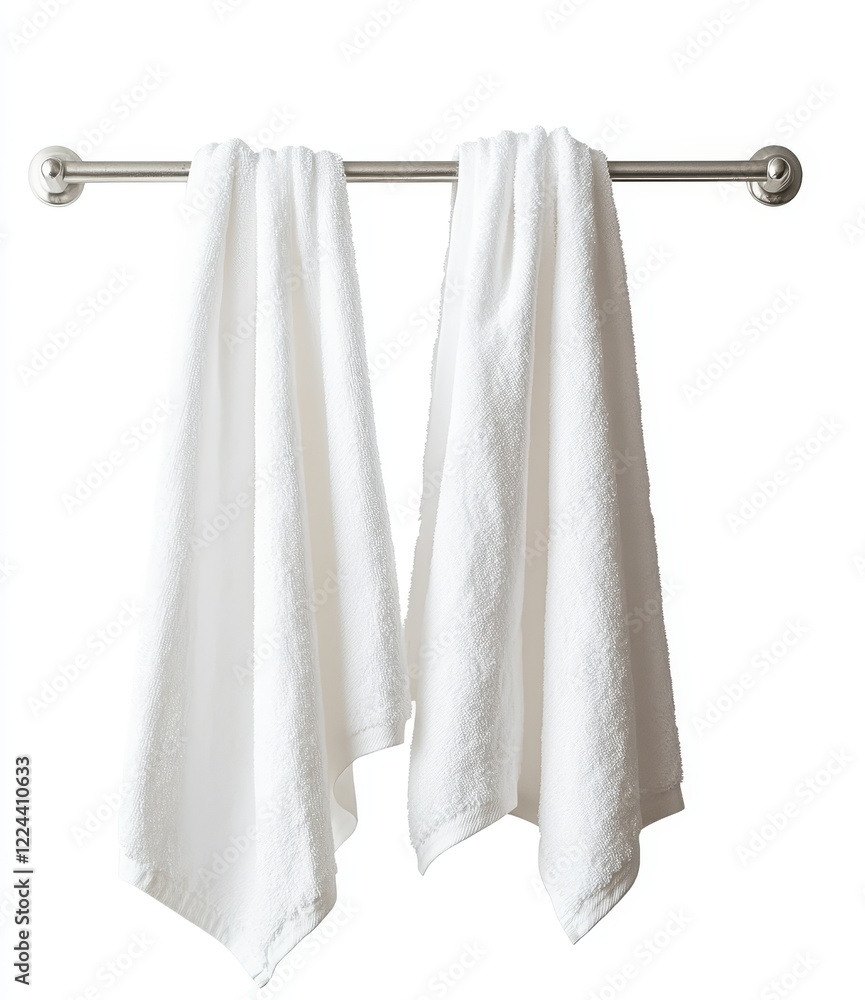 Two white bath towels hanging on a metal bar. Two white bath towels hanging on a metal bar.