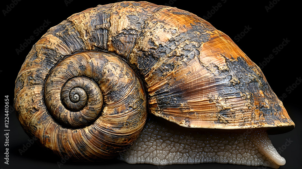 Giant snail shell close-up, dark background, nature study, wildlife photography, scientific illustration Giant snail shell close-up, dark background, nature study, wildlife photography, scientific illustration