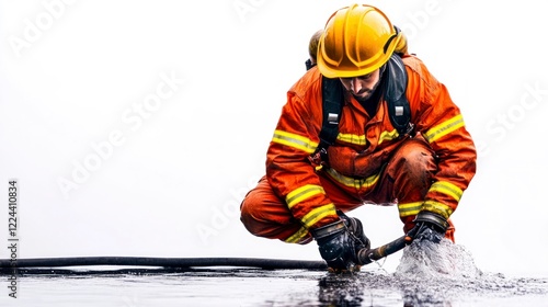 Wallpaper Mural Firefighter in an orange suit with a yellow helmet and firefighting gear, kneeling on the ground holding a water hose, against a white background Torontodigital.ca