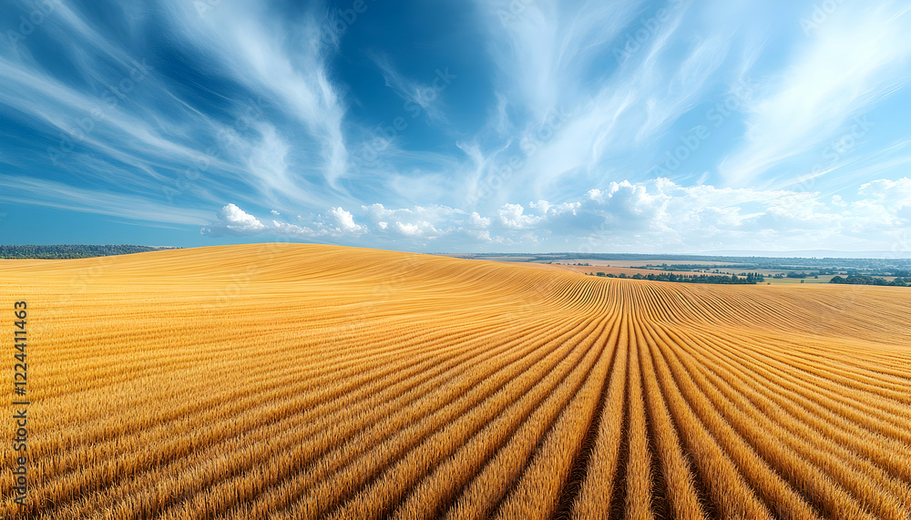 Fototapeta premium Golden wheat field under a blue summer sky, rolling hills in the distance; idyllic rural landscape, perfect for travel brochures