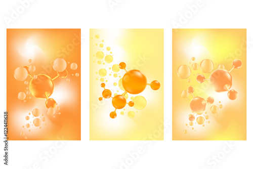 Aesthetic beauty molecule poster set with hyaluronic acid, collagen, niacinamide serum molecular banner. Light yellow, beige, orange cosmetology advertisement. Beauty science, skin care cosmetology.