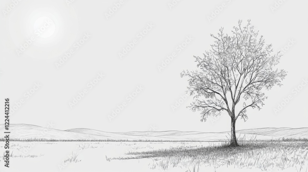 Fototapeta premium Solitary tree in a minimalist landscape sketch.