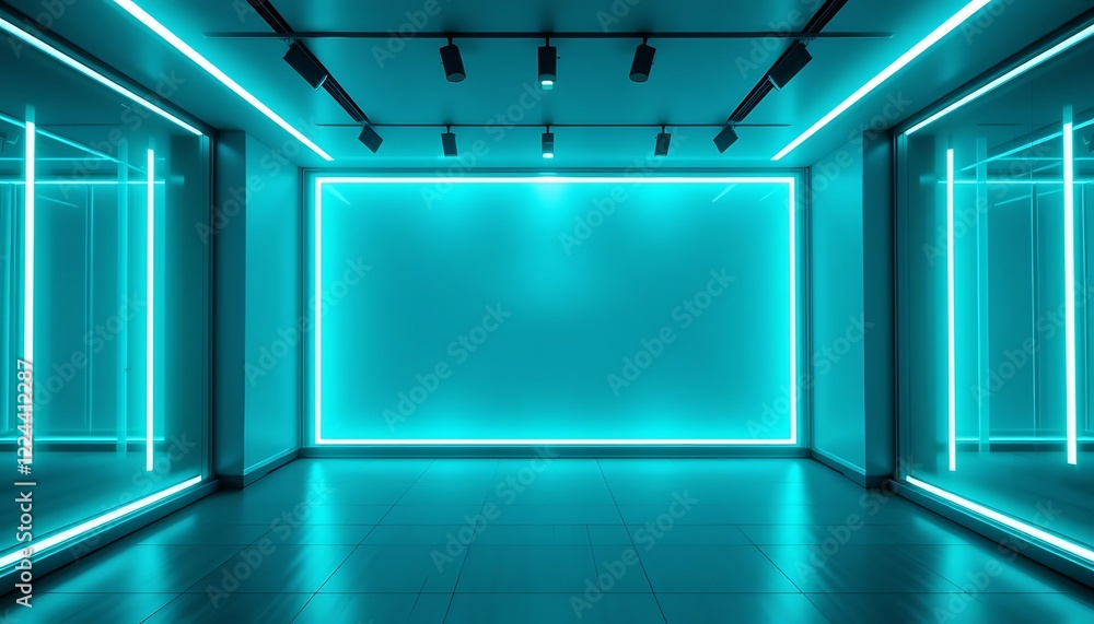 Modern Room with Cyan Neon Lights and Mirrors Modern Room with Cyan Neon Lights and Mirrors