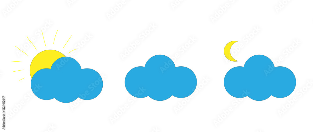 three clouds, sun, moon on a white background, three clouds, sun, moon on a white background,
