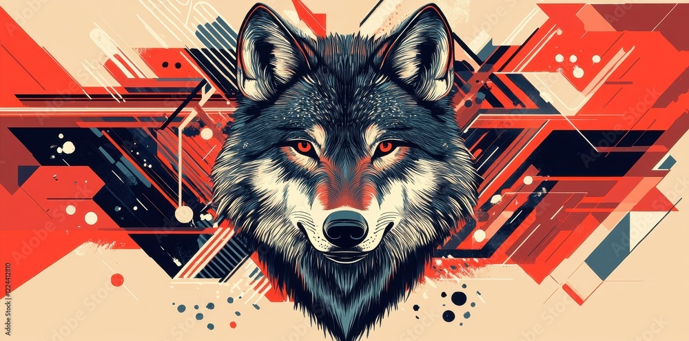 Obraz premium Wolf Head Abstract Geometric Red Design