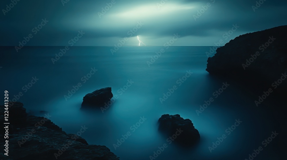 Lightning Strikes Over Serene Ocean Waters at Dusk