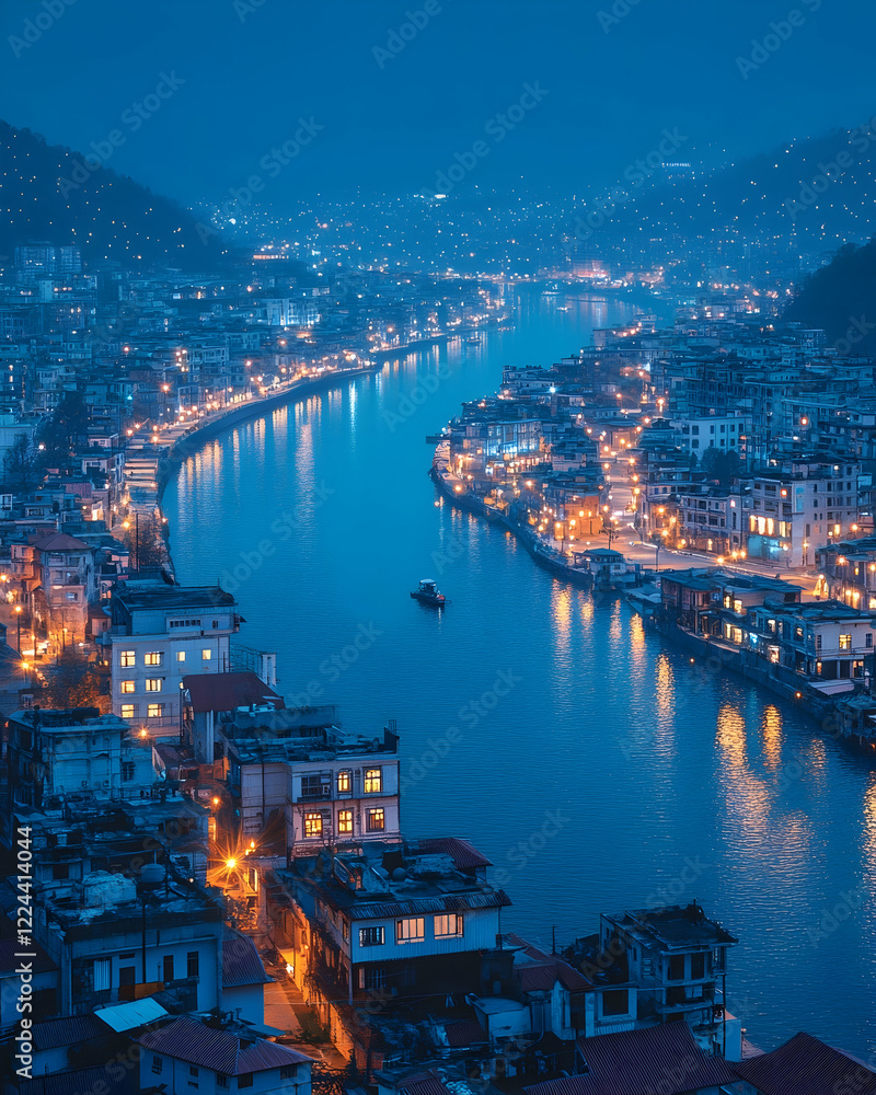 Fototapeta premium Night view of city illuminated along river, boat on water, hills in background; travel, tourism, cityscape