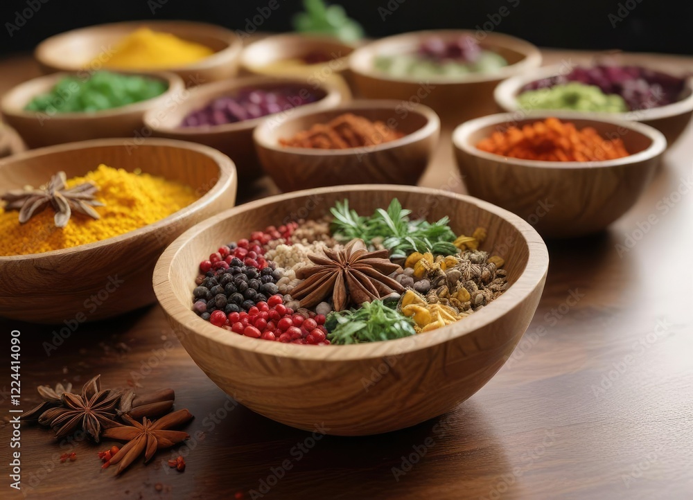 Handcrafted wooden bowls brimming with assorted spices, bay leaves, spices, gourmet seasoning