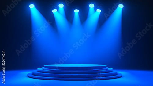 glowing blue podium with six lines and bright spotlights creates dramatic scene, ready for presentation or performance