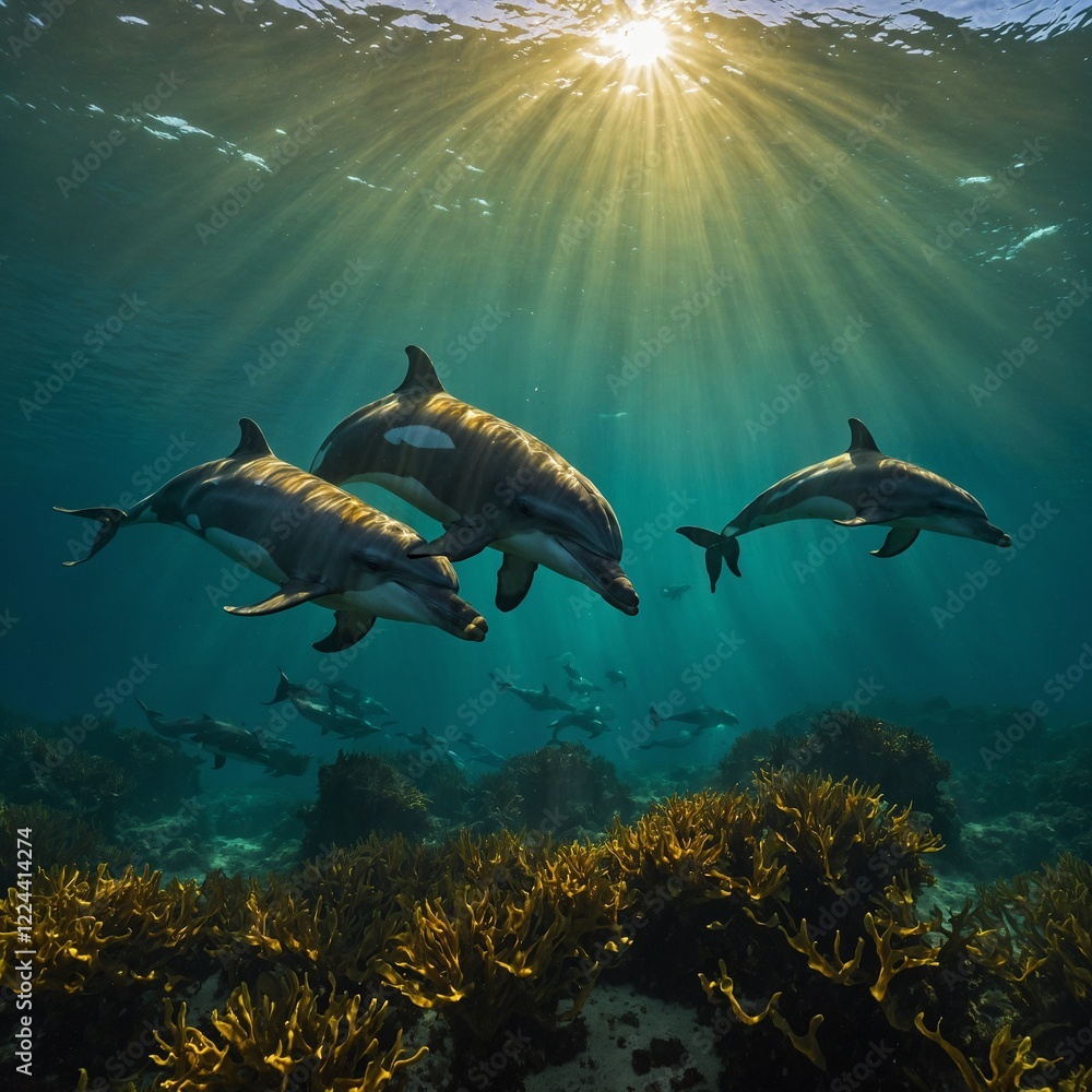 Naklejka premium Dolphins illuminated by glowing golden kelp under an emerald green sea.