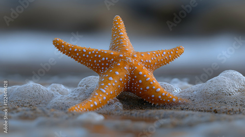 Orange starfish on sandy beach, ocean waves in background; nature, wildlife, ocean life stock photo photo