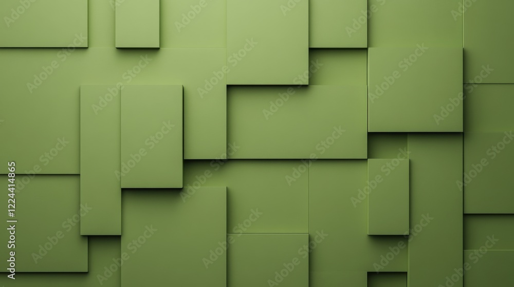 Obraz premium Abstract green geometric background with various sized rectangles creating a 3D effect.